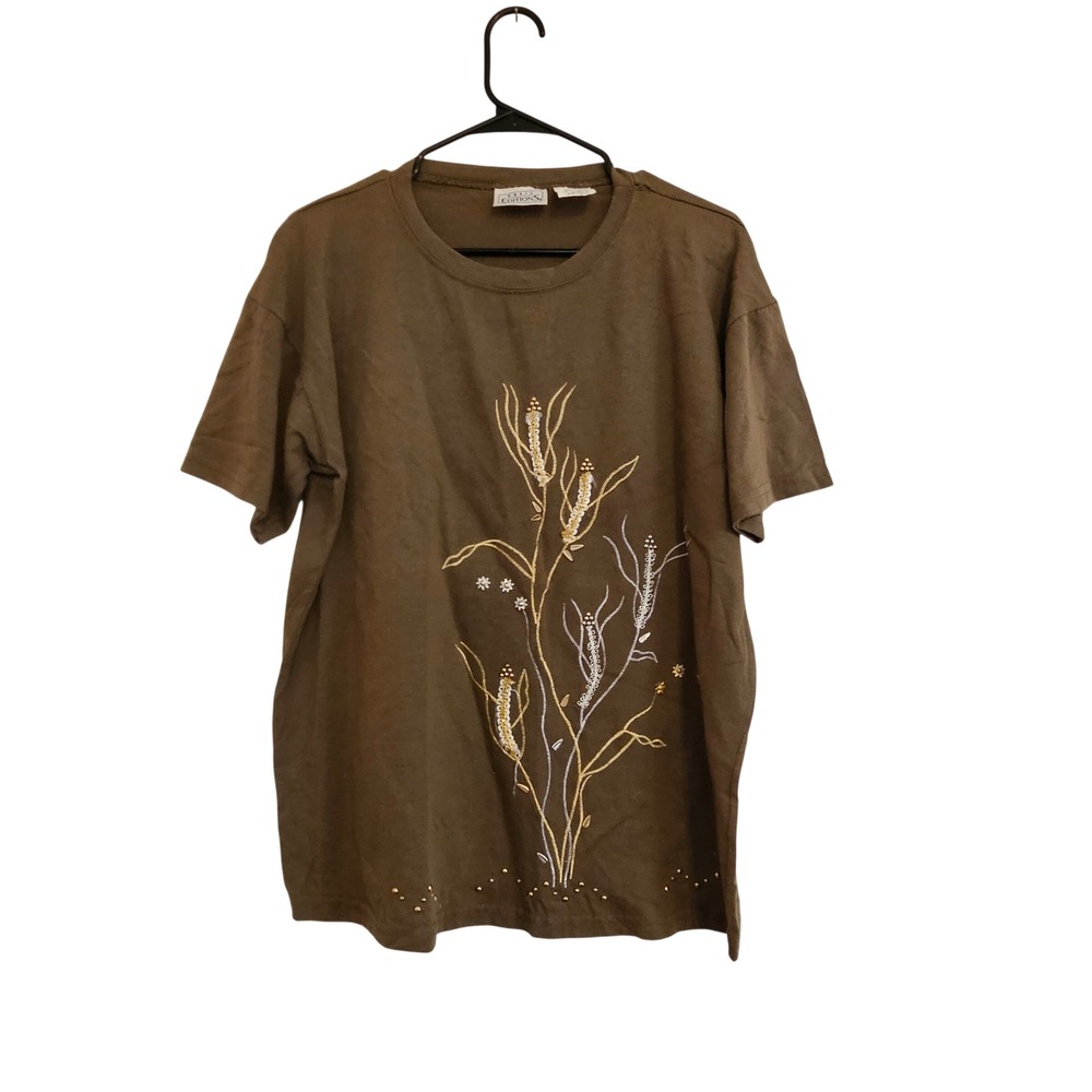 Basic Editions Brown T Shirt with Embroidered Wheat Stalks and Beads Medium